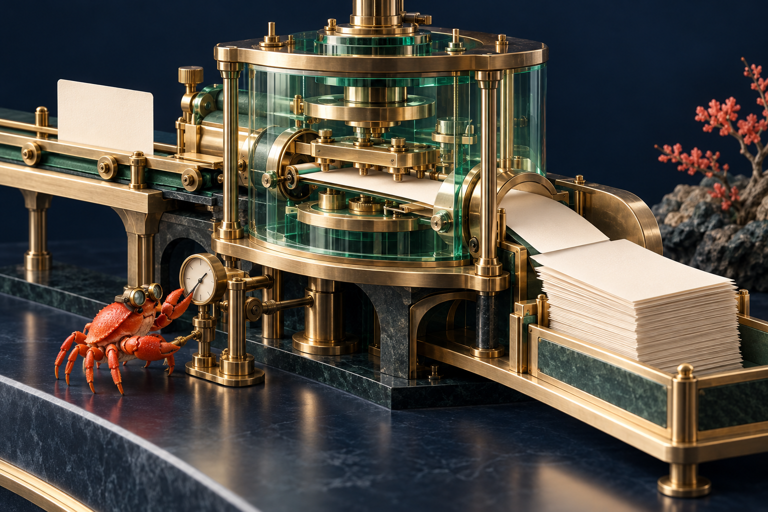 An ivory specification card enters a brass and glass source foundry and emerges as neatly stacked generated sheets.