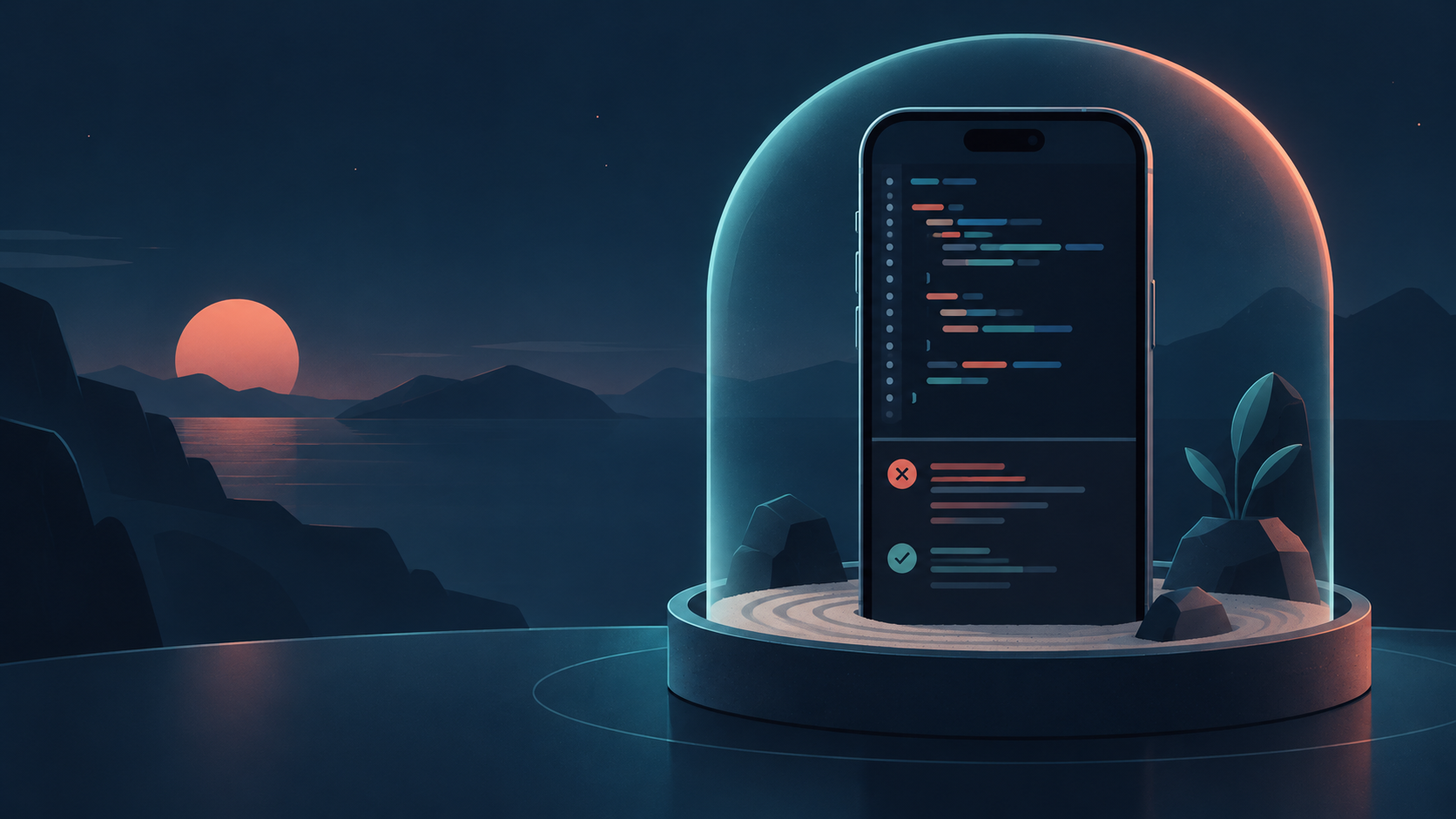 A stylized phone code editor and diagnostics enclosed in a local sandbox.