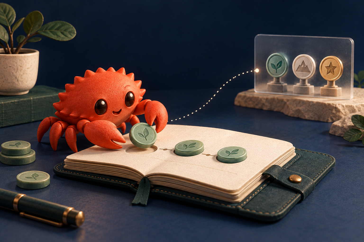 A coral crab places a milestone token in a local notebook, separate from an optional achievement display.