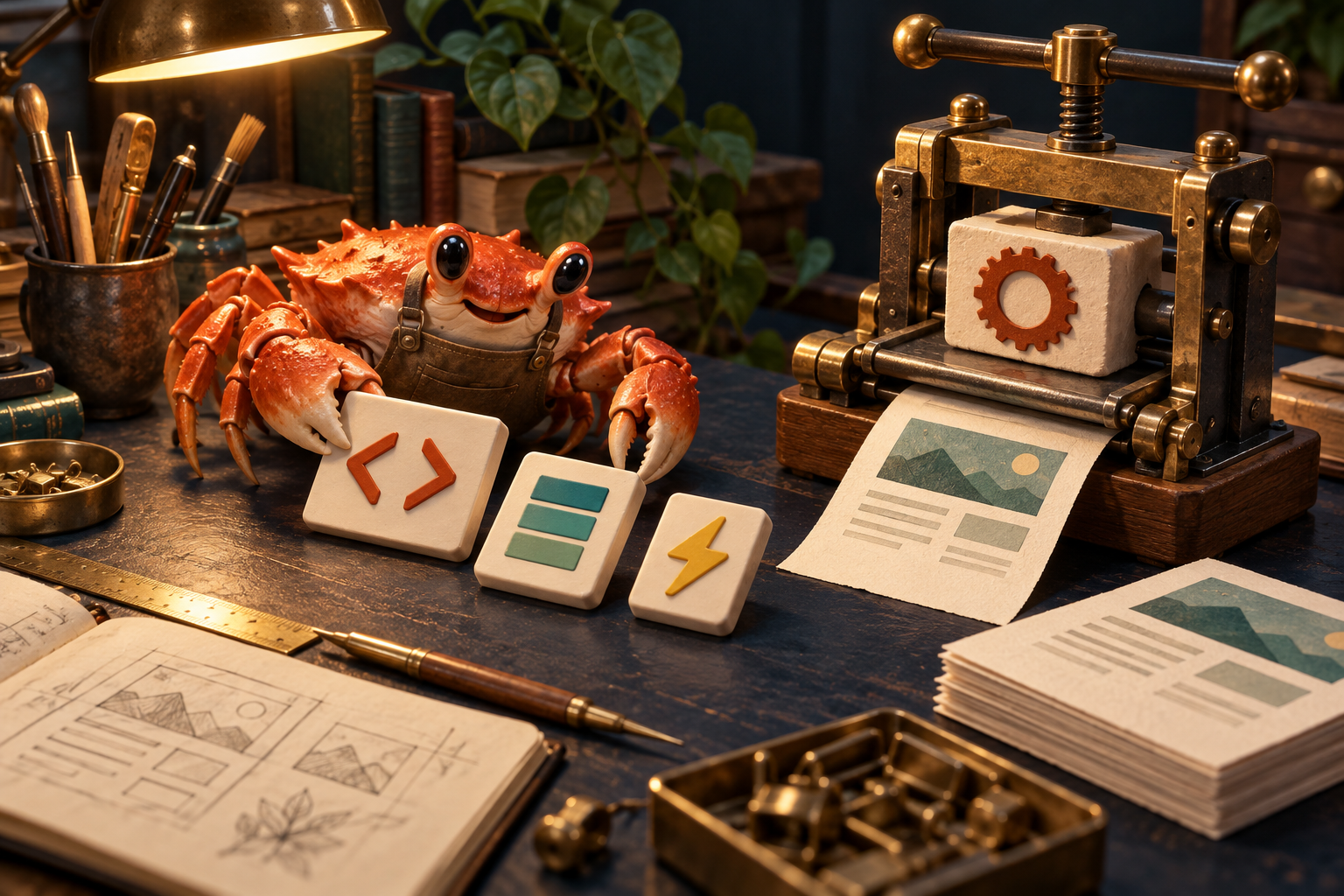 A coral crab arranges HTML, CSS and JavaScript cards beside a small press that turns a Rust block into a web page.