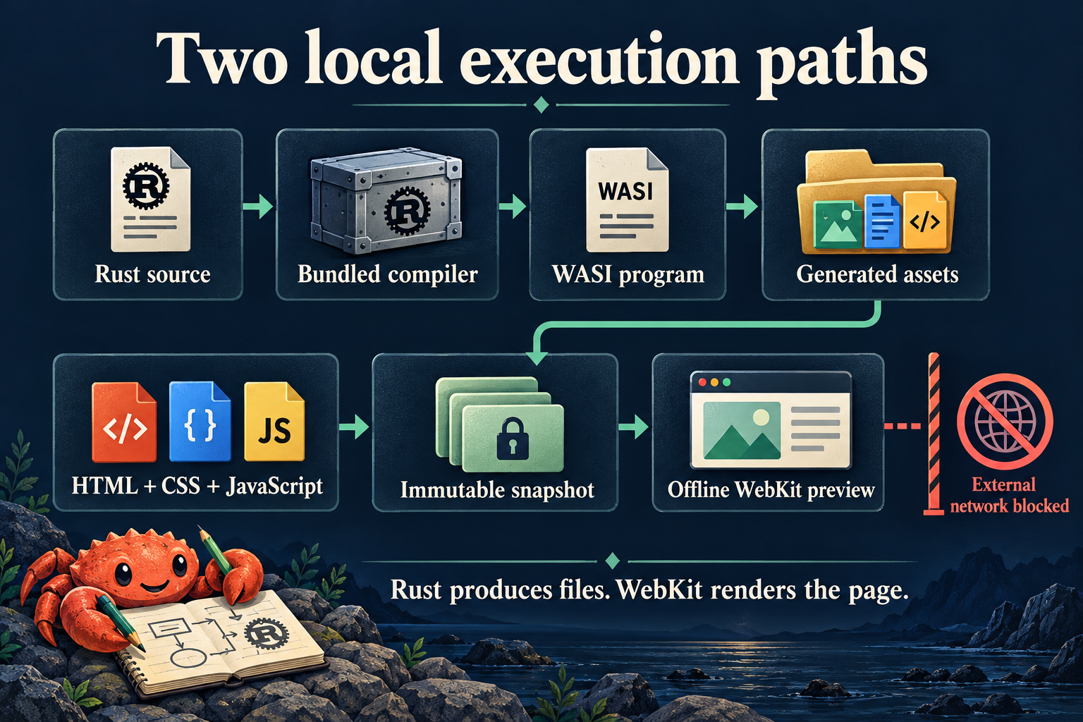 Rust passes through the bundled compiler and WASI program to generated assets; direct web files and generated assets converge on an immutable offline WebKit preview.