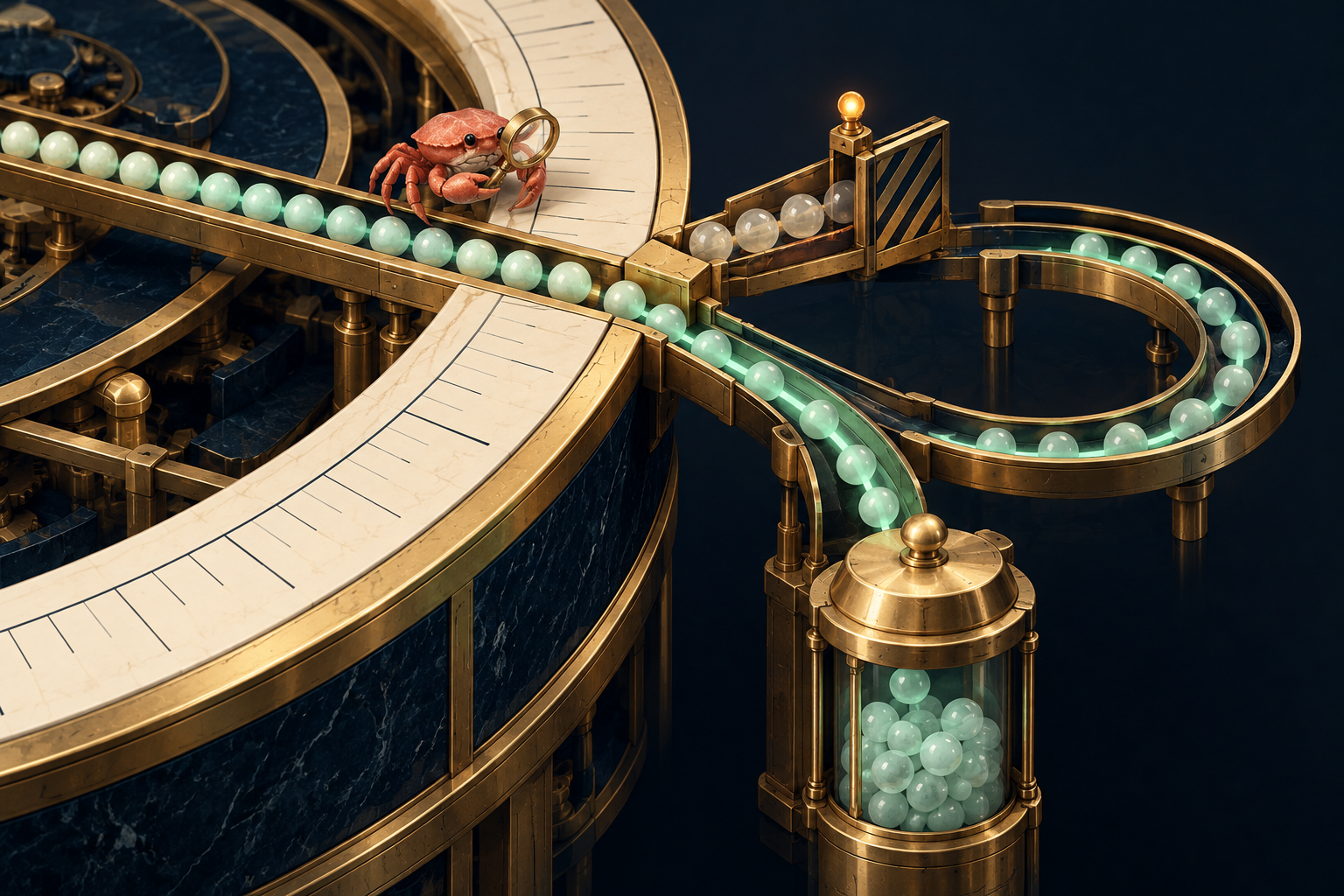 A precision instrument sends an overflowing flow toward a safety gate, a circular return track and a capped reservoir.