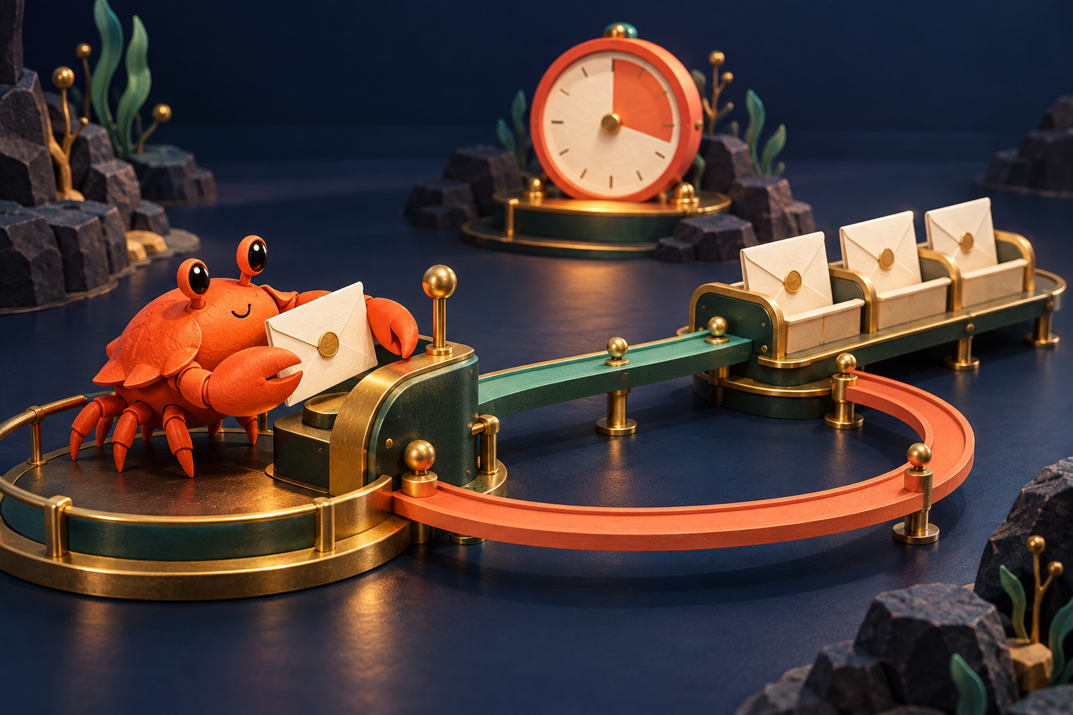 An orange crab holds a job envelope beside a bounded dispatch queue and a separate timer on a navy engineering workbench.