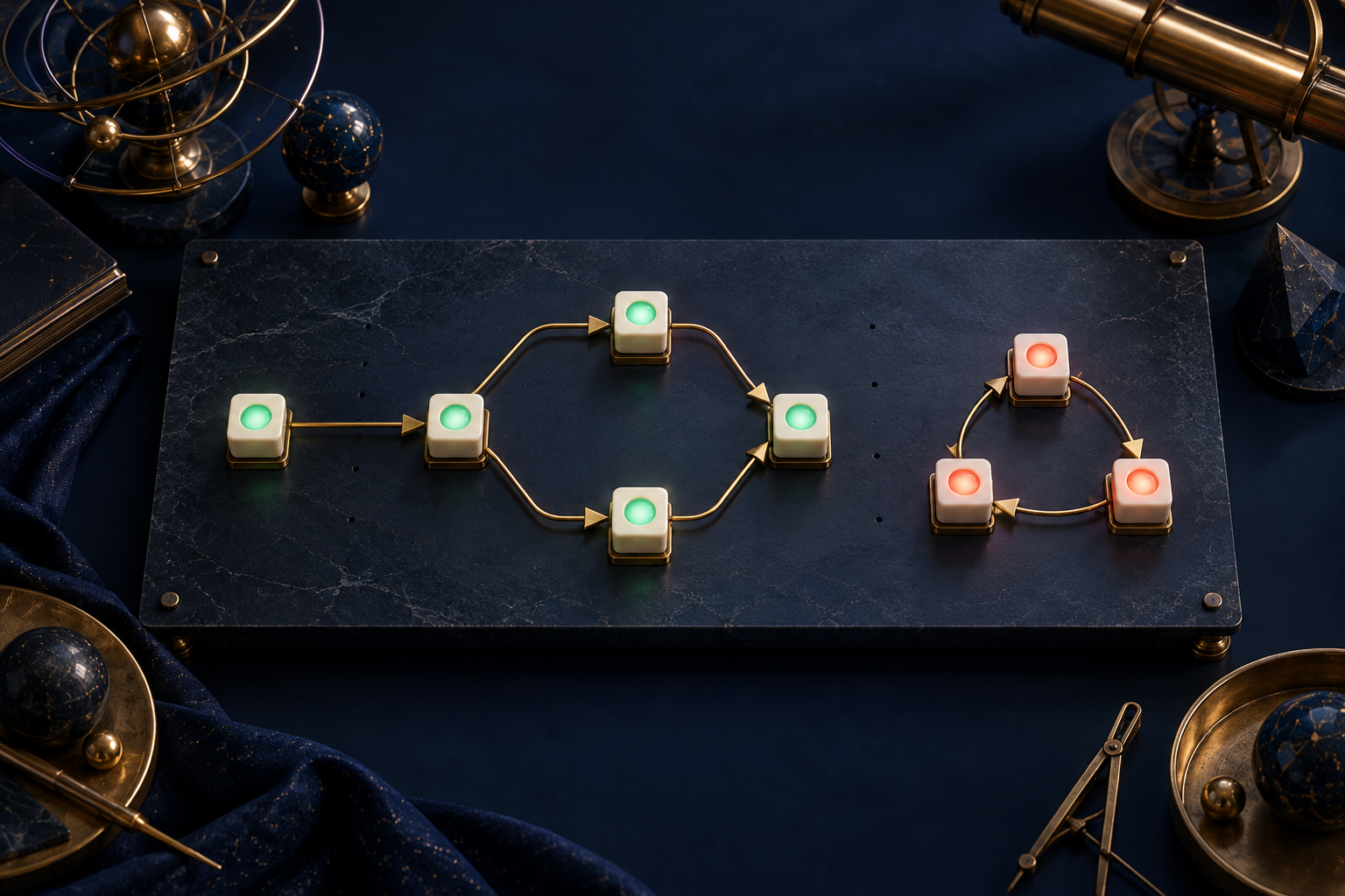 Ivory task blocks on a navy engineering board form a jade branching dependency graph beside a separate coral triangular cycle.