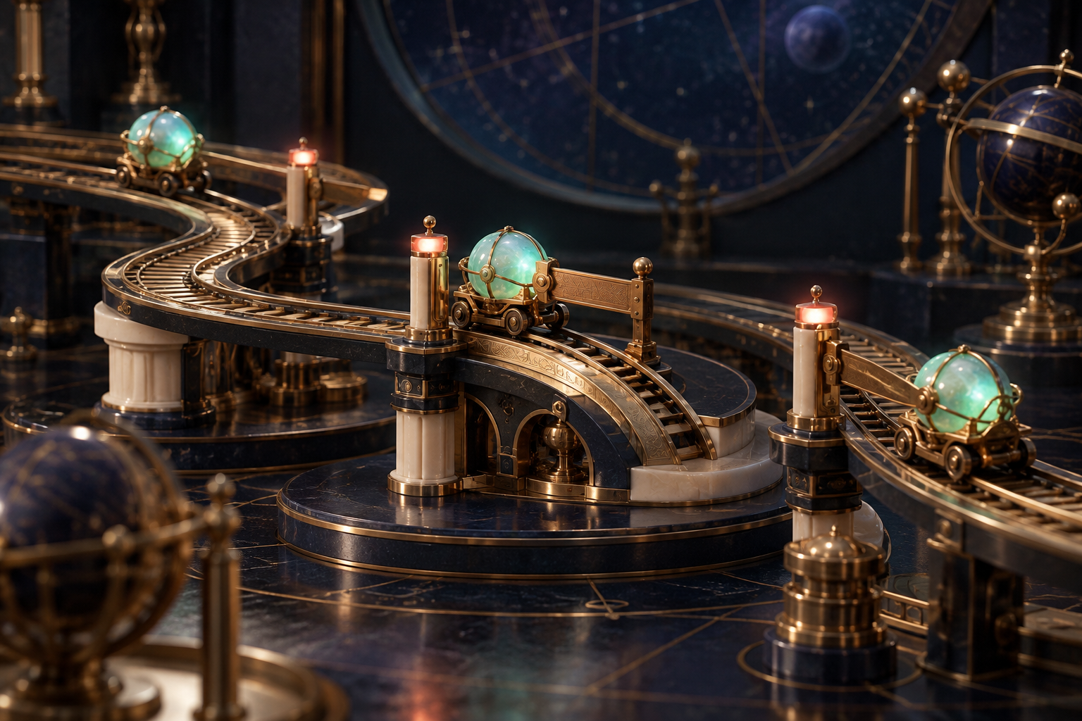 Three jade computation capsules on separate brass tracks pause at gates in a dark observatory workshop.