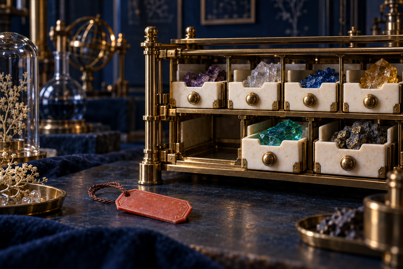 An old coral identification tag lies apart from a brass specimen rack where an ivory tray now contains a new jade specimen.