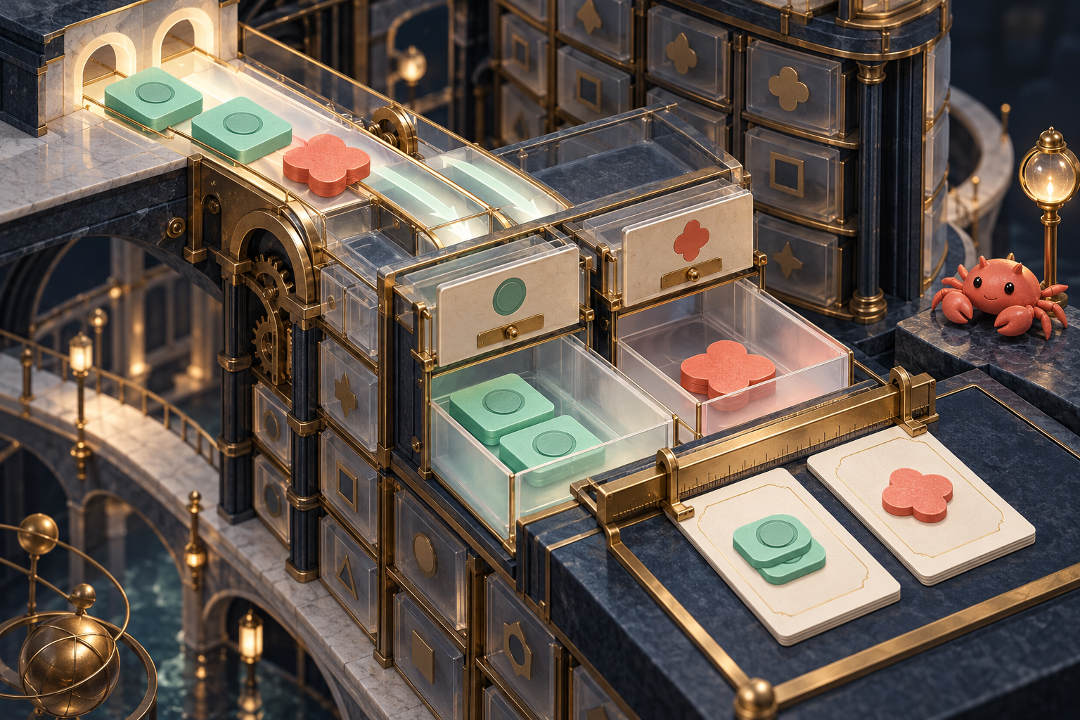 Matching token shapes enter the same keyed drawer before output cards are aligned for a report.