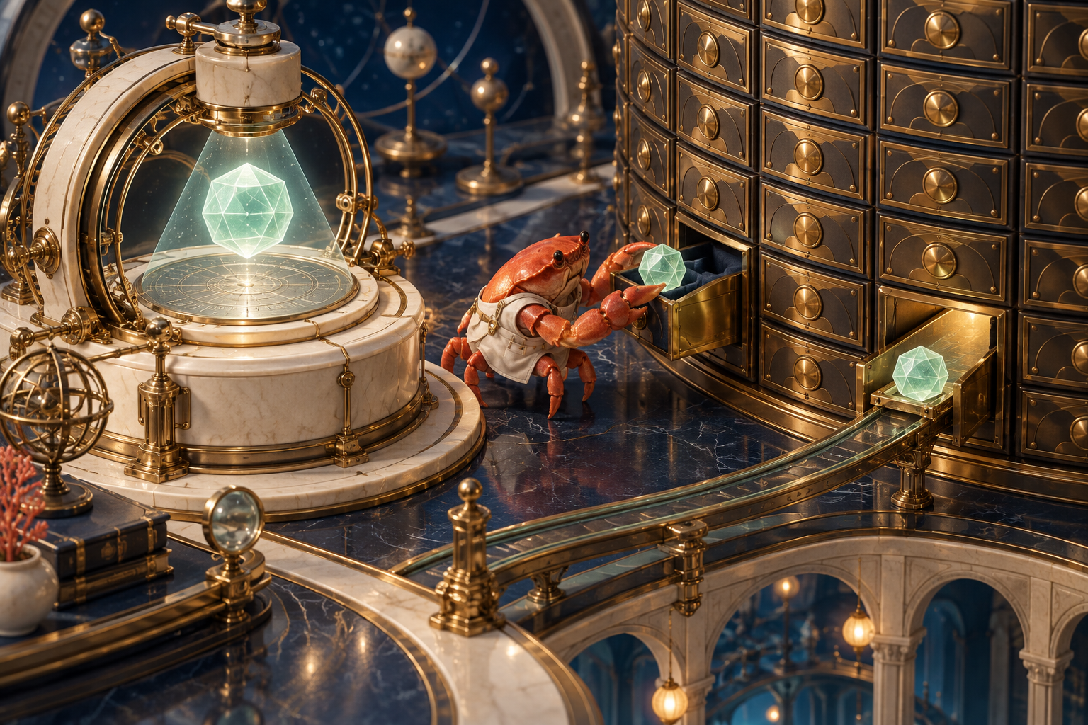 An elegant observatory indexes luminous calculation tokens into individual drawers and returns a previously stored matching token.