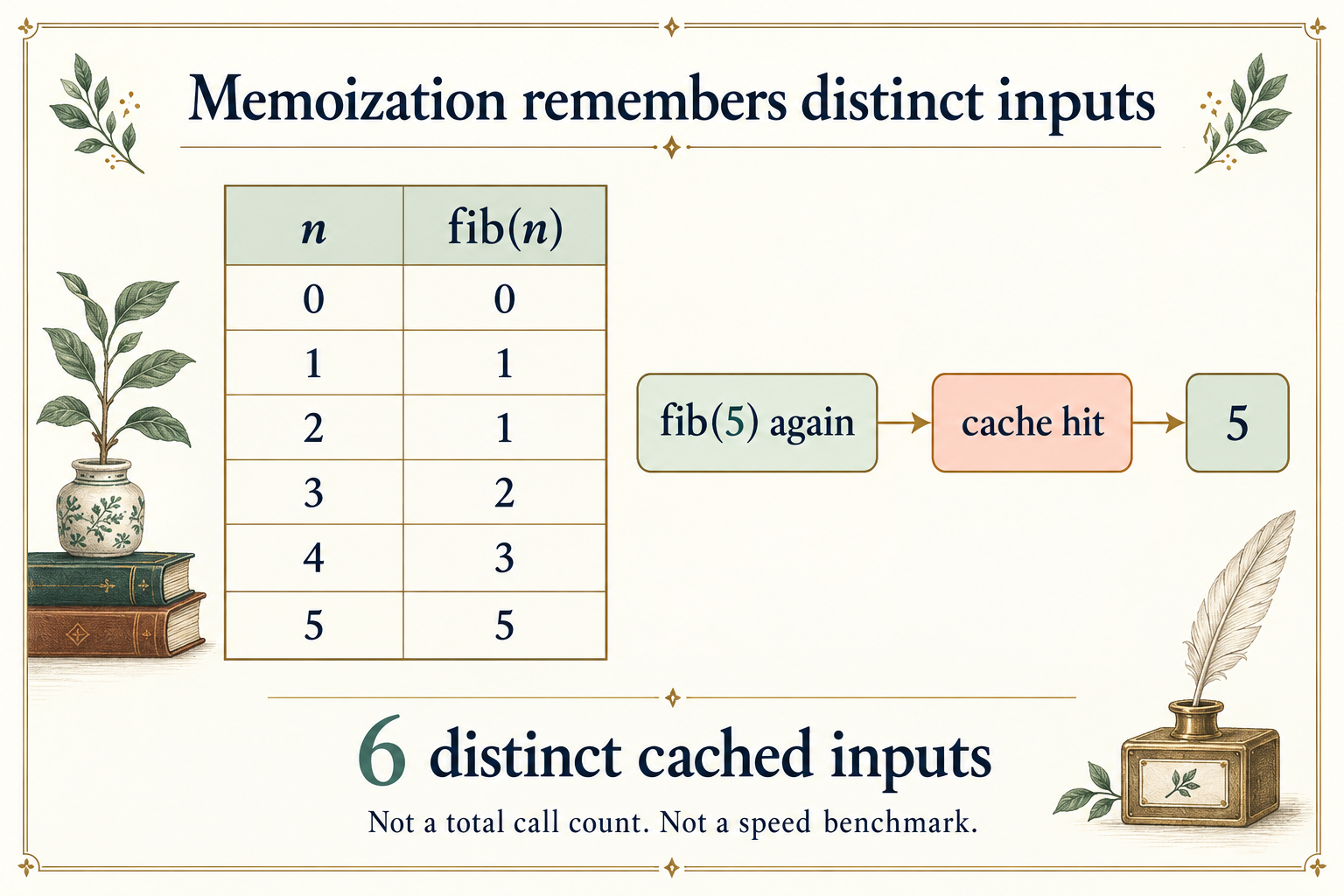 A table maps Fibonacci inputs 0, 1, 2, 3, 4, 5 to 0, 1, 1, 2, 3, 5 and shows a repeated fib(5) returning the cached value 5.