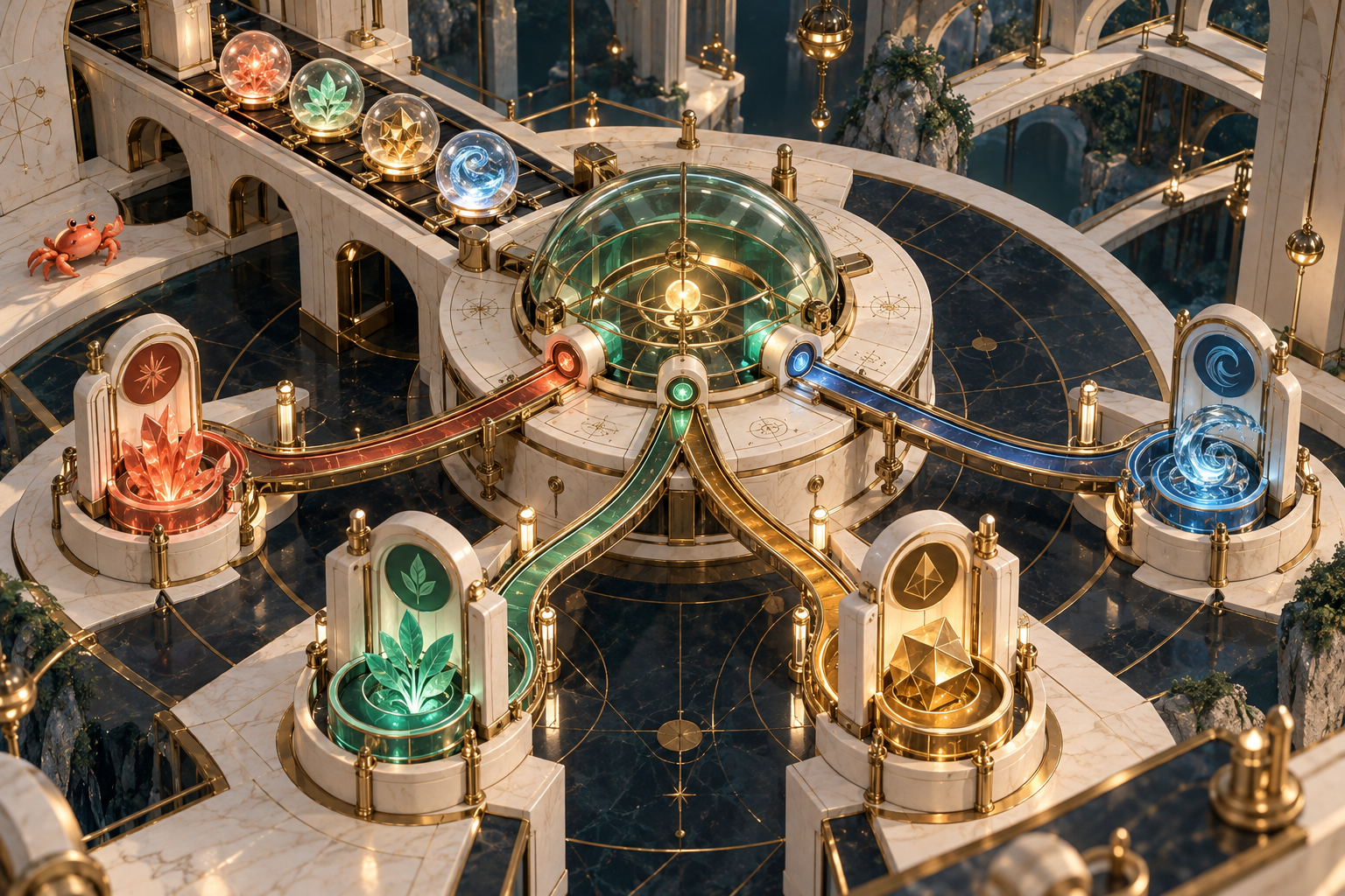 Four distinct capsules pass through an inspection instrument and travel along separate tracks to matching destinations.