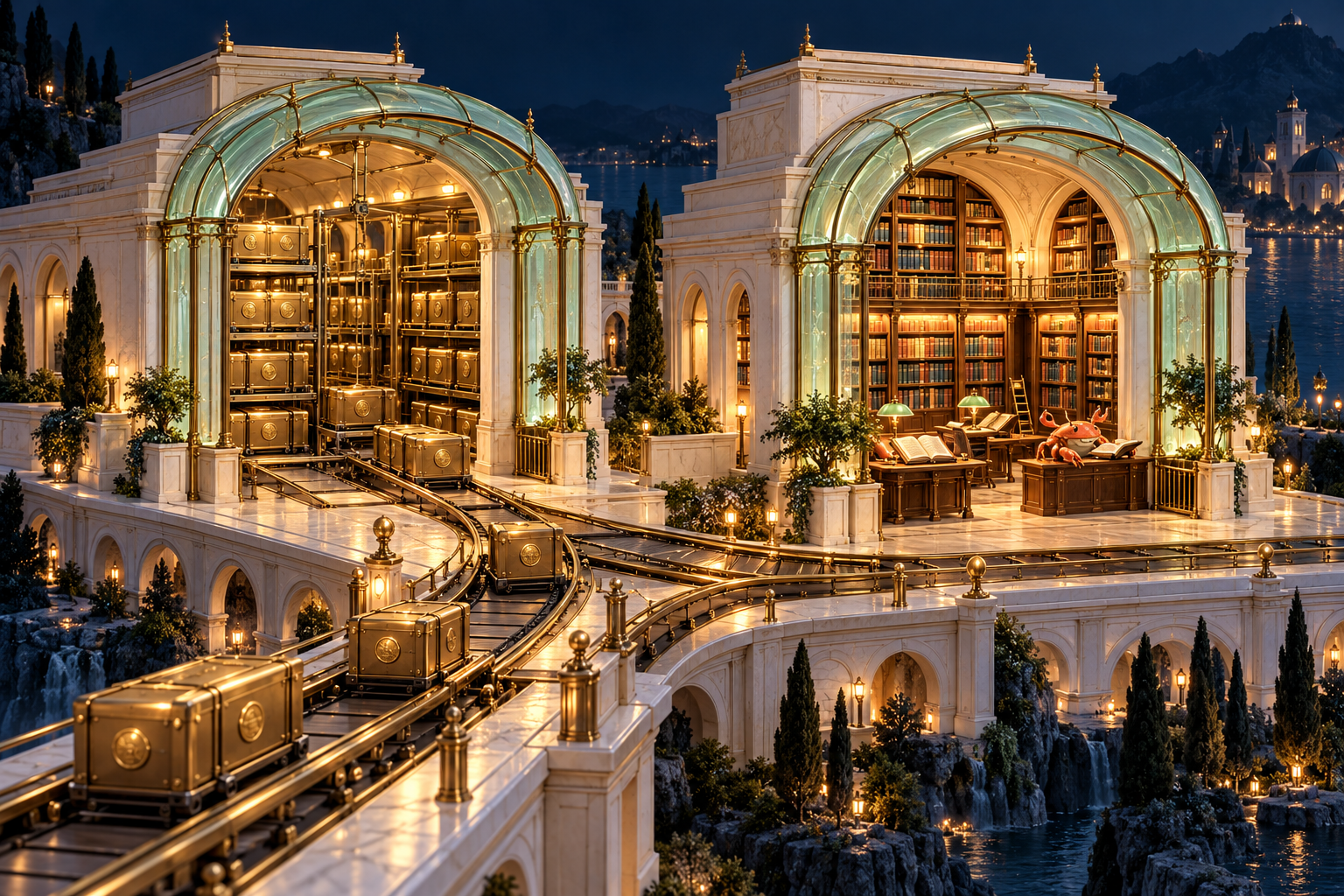 A refined architectural library has separate jade-lit entrances for package archives and documentation, connected by orderly protected brass routes.