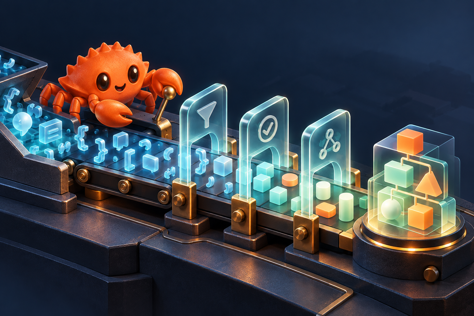 An orange Crabrix crab guides JSON tokens through gates into structured domain data.