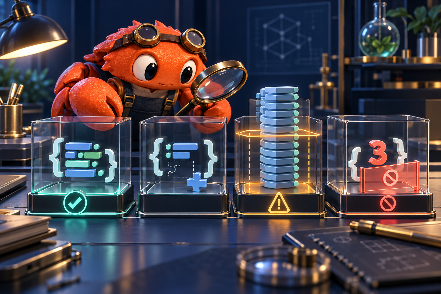 A Crabrix crab examines valid, missing-field, oversized and mismatched JSON test specimens.