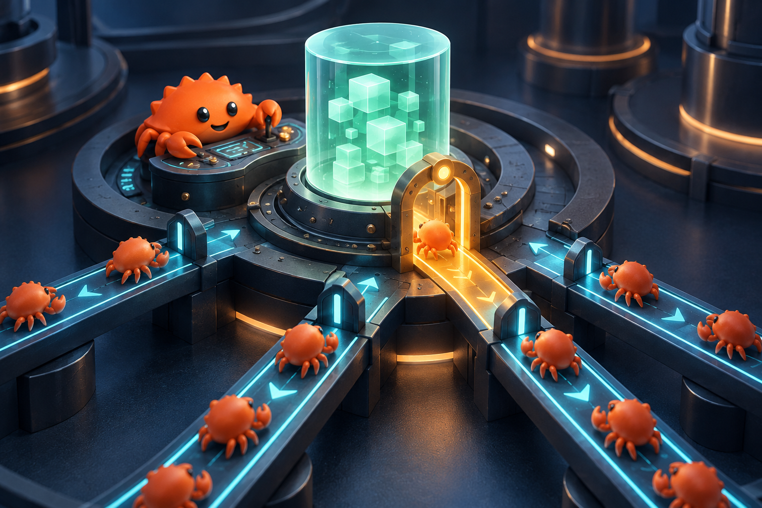 Orange Crabrix crabs approach a shared data core through one controlled amber access gate.