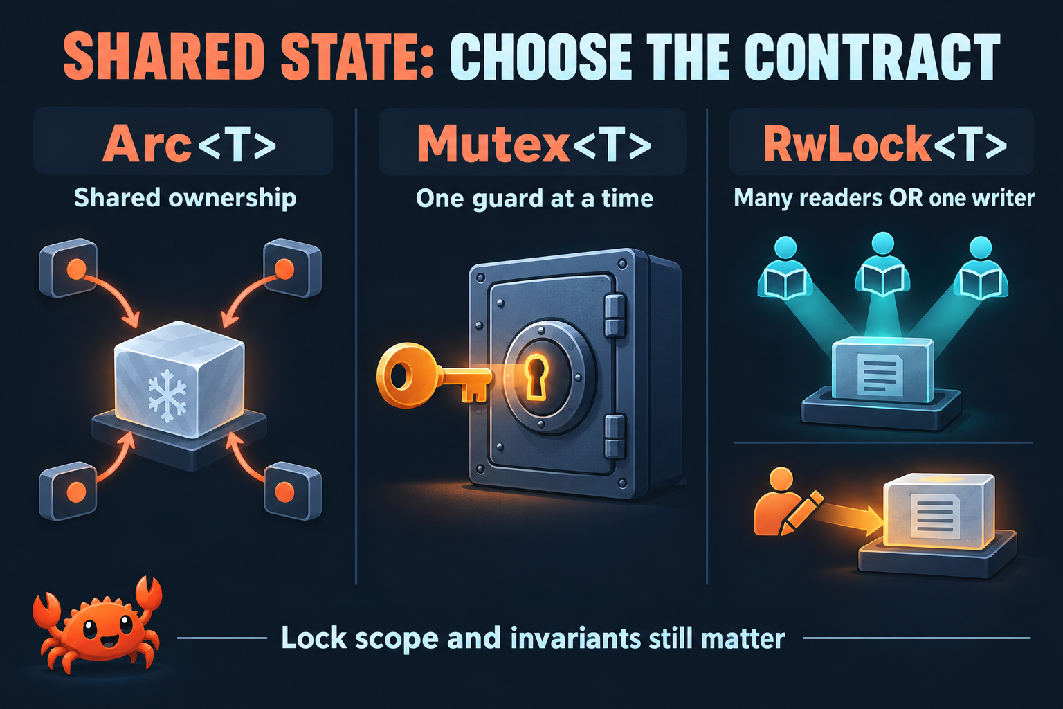 Crabrix infographic compares Arc shared ownership, Mutex exclusive guards and RwLock readers or writer.