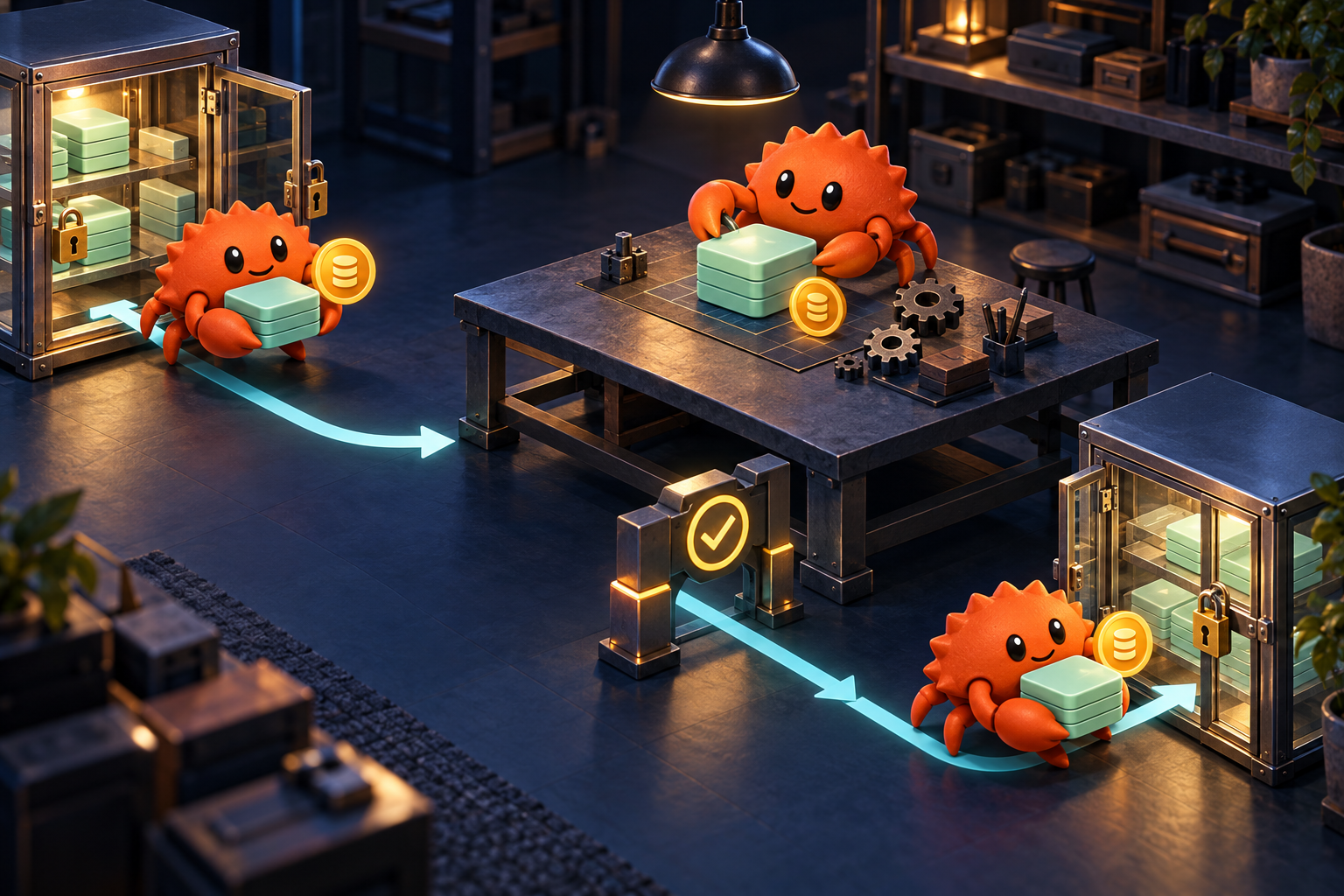 Crabrix crabs carry a versioned snapshot to a separate workbench and check it before returning.