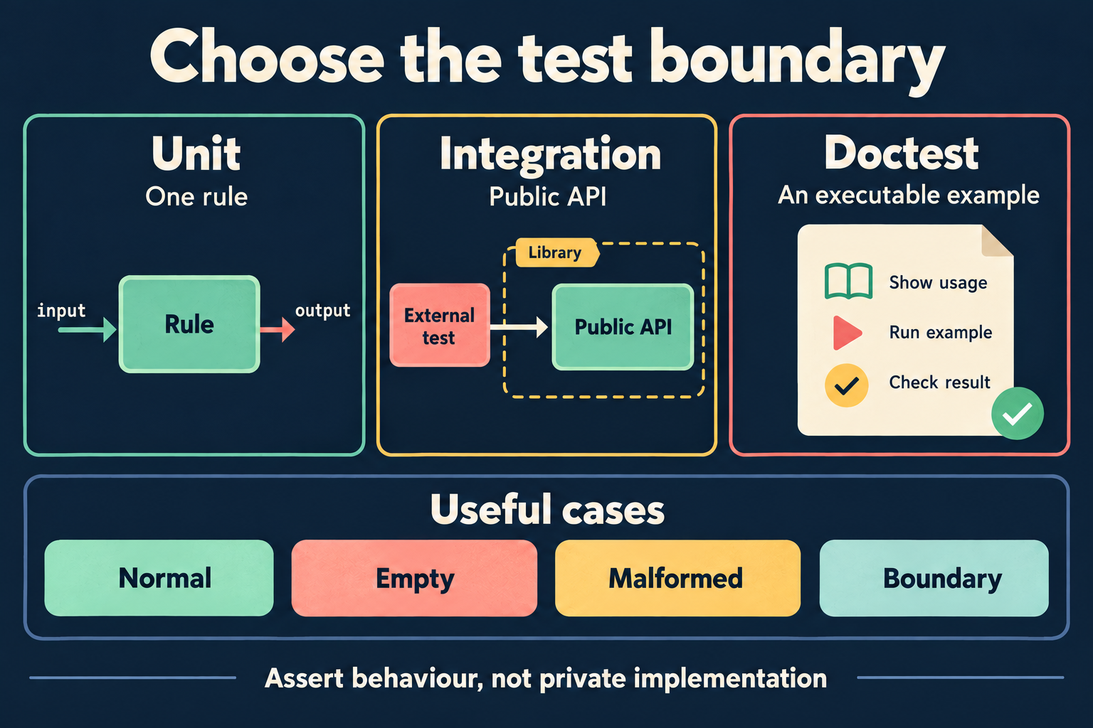 Three testing boundaries: a unit rule, an external integration test calling a library public API, and an executable documentation example.
