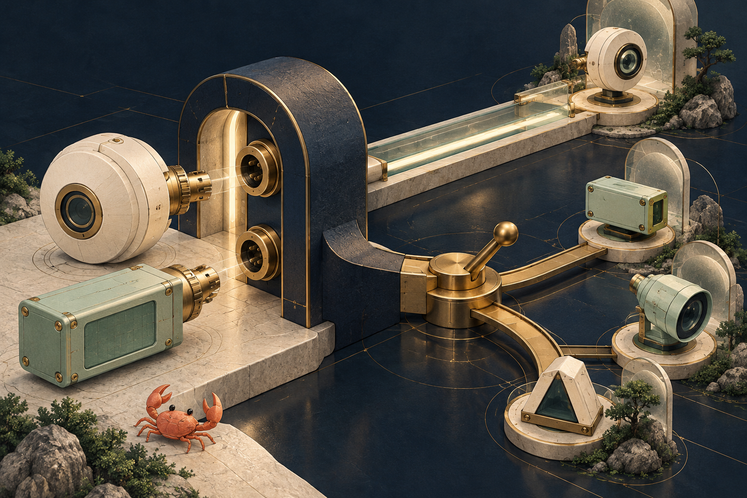 Two differently shaped measuring instruments share one connector and feed direct and selectable routes through an architectural interface.