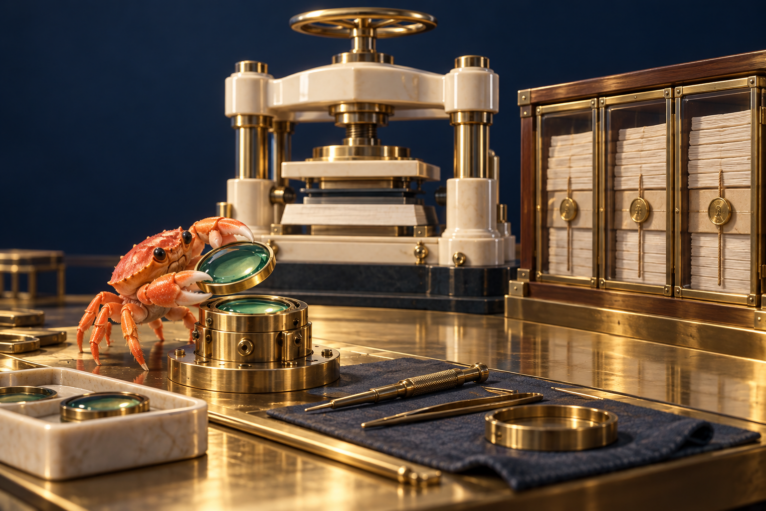 A precision maintenance station replaces a jade trust component in a small brass instrument while separate compiler and package trays remain organized nearby.