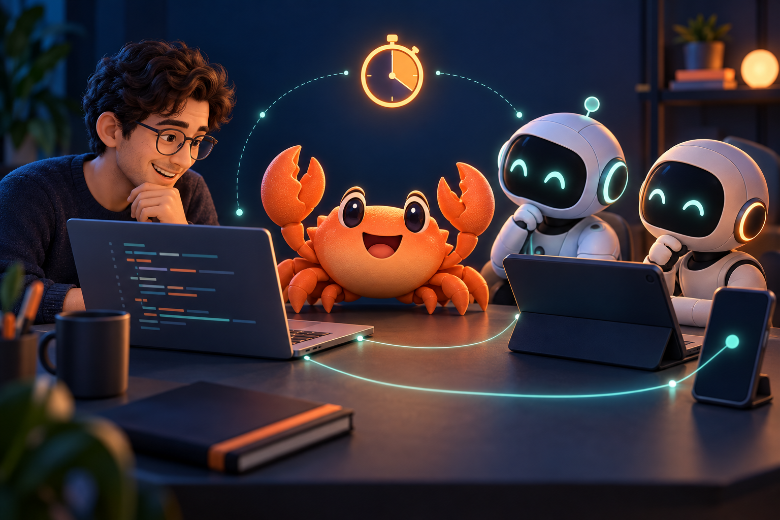 Orange Crabrix crab connecting a human interview and two agent workspaces