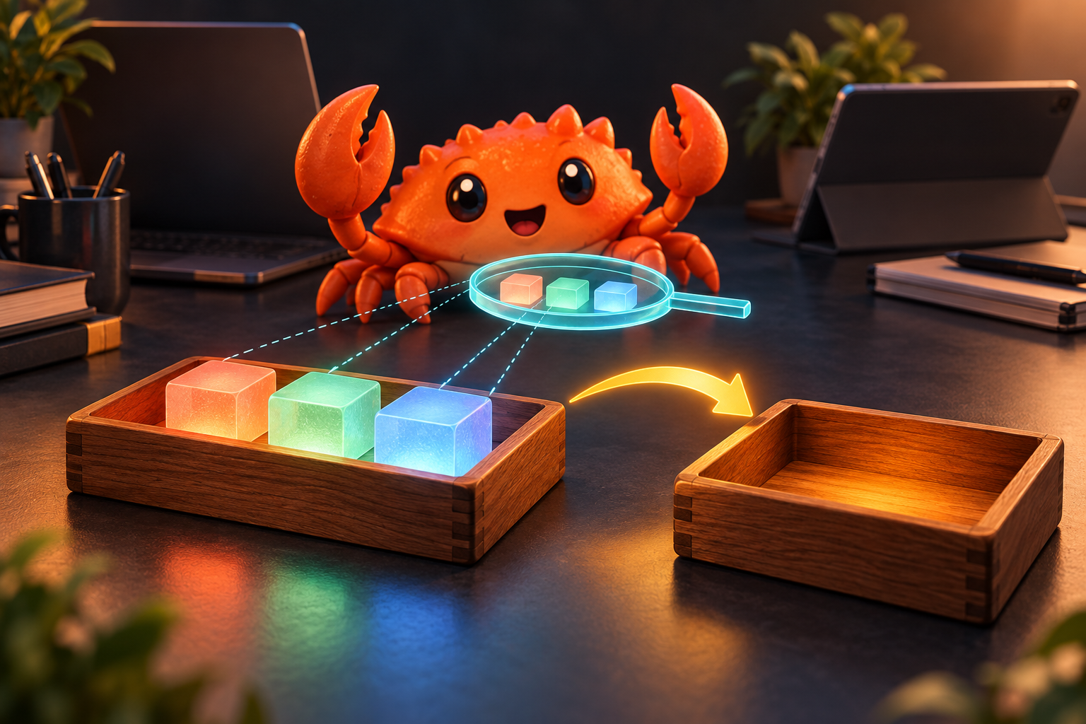 Crabrix crab using a translucent lens over owned blocks beside a handoff tray