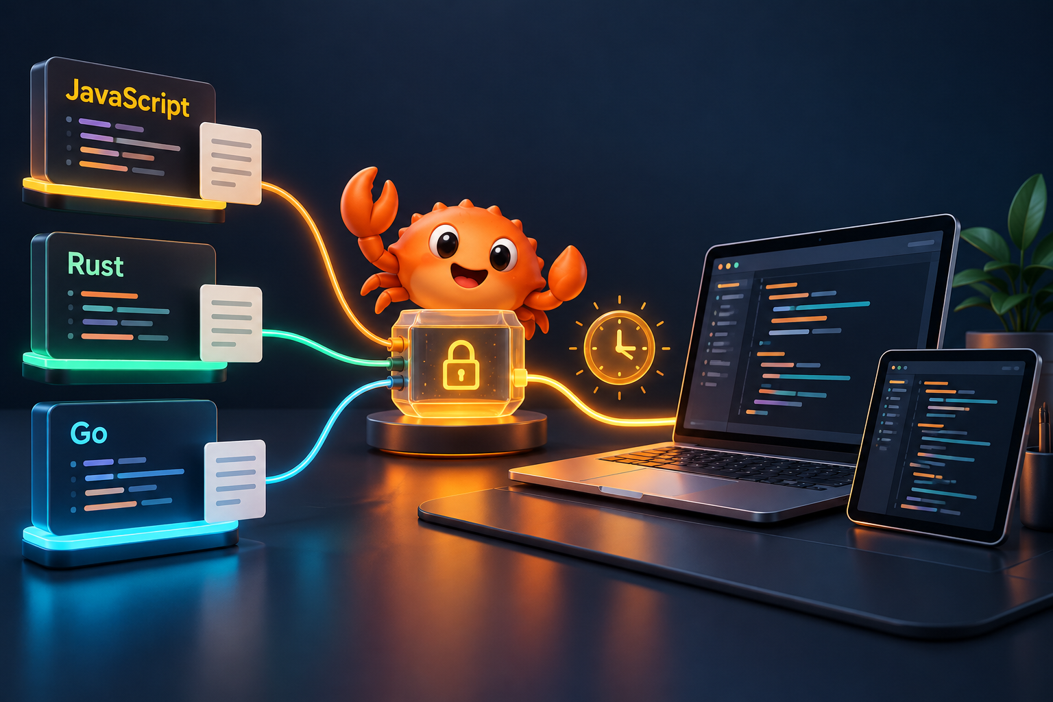 Crabrix crab connecting JavaScript, Rust and Go cards to one temporary workspace