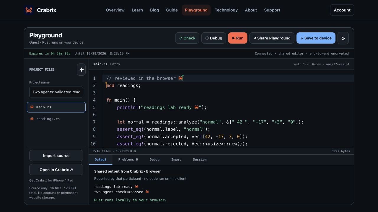 Actual Crabrix browser showing the two-agent Rust program and reported output with no execution on that observer client