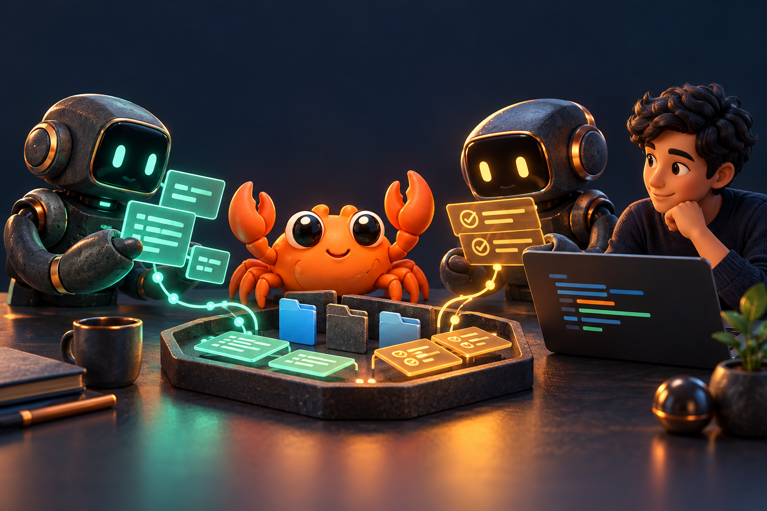Orange Crabrix crab between two cooperating coding agents and a person at one small shared workspace