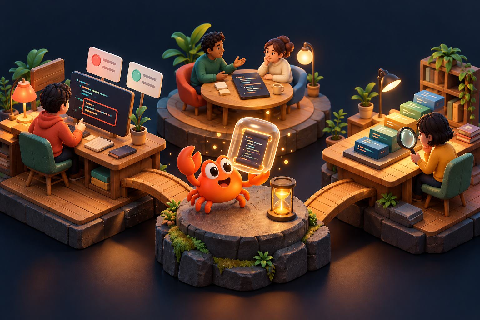 Crabrix crab carrying a temporary source capsule between development, interview and learning workspaces