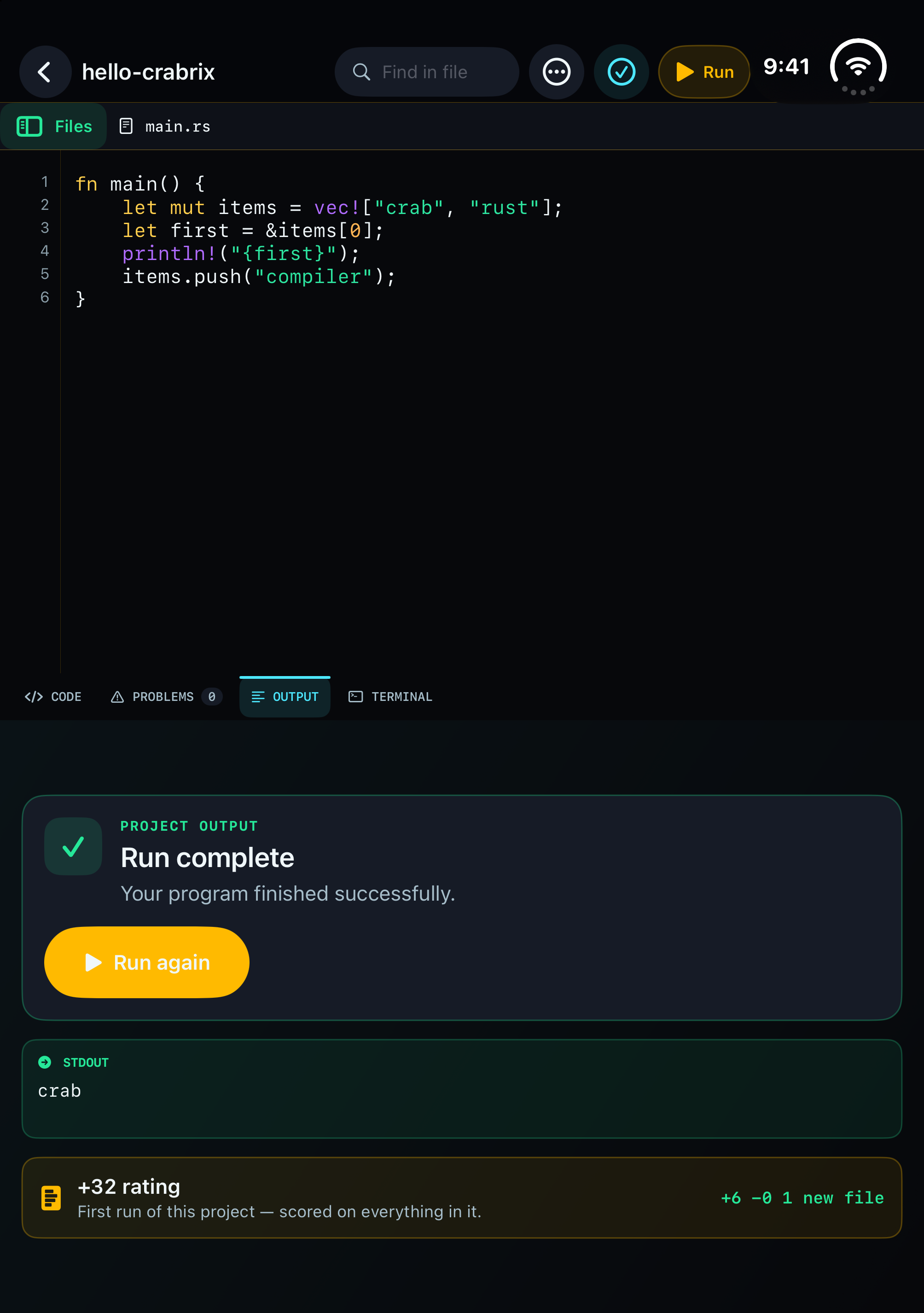 Crabrix on iPhone Duo showing a completed local run, program output and rating
