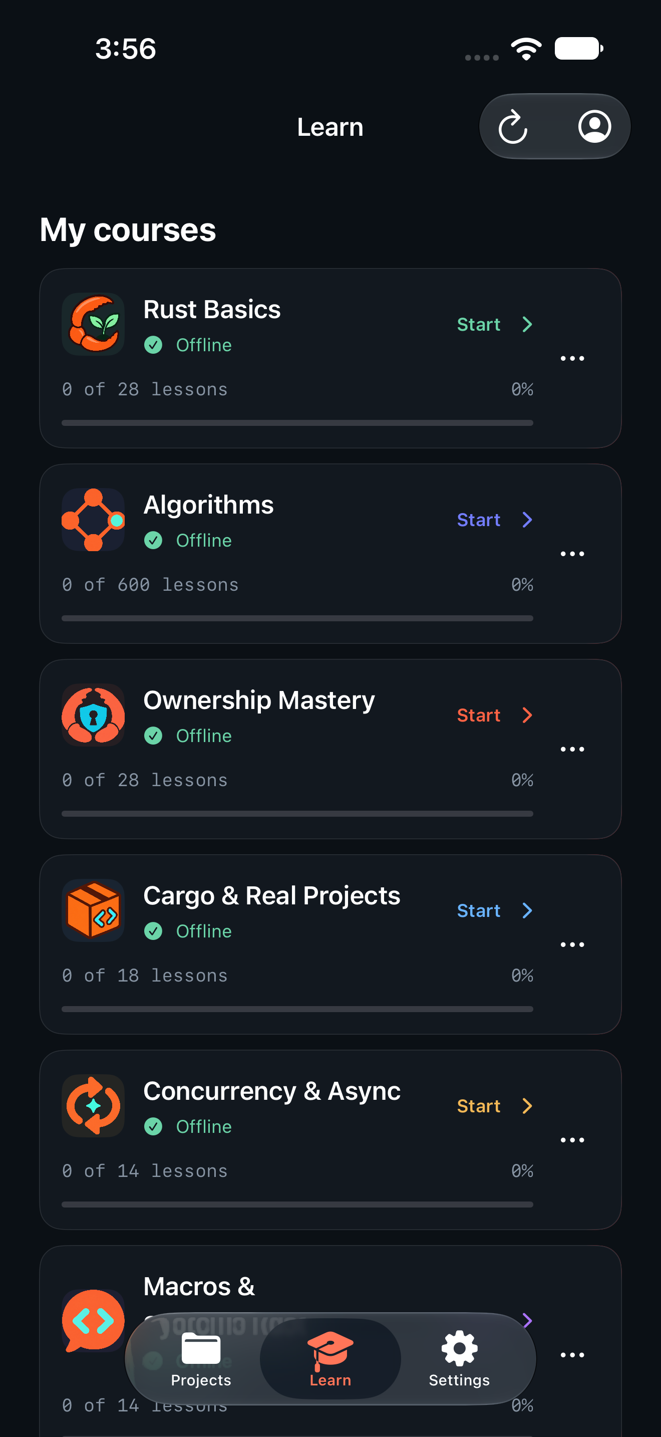 Downloaded Crabrix courses with lesson progress and Start buttons