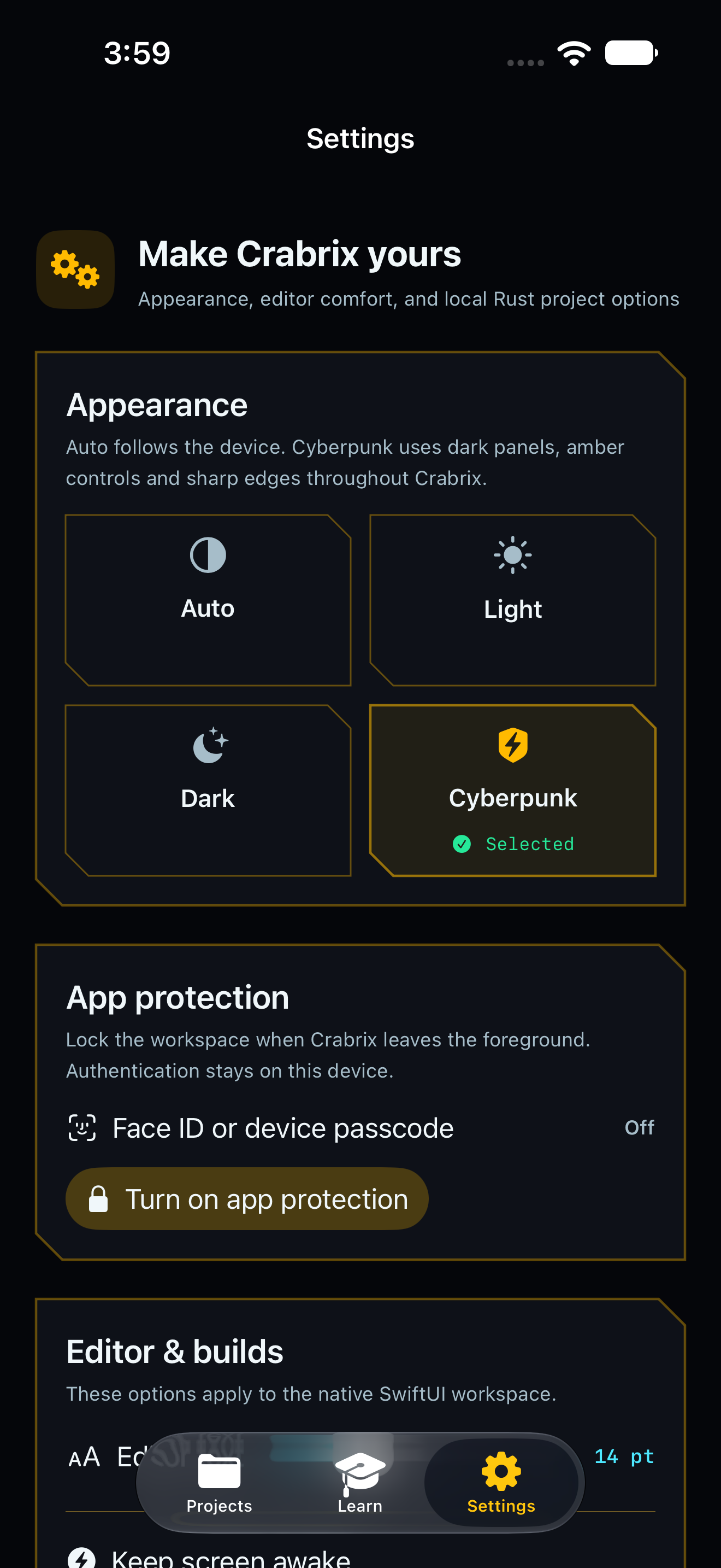 Cyberpunk appearance and local app protection in Settings