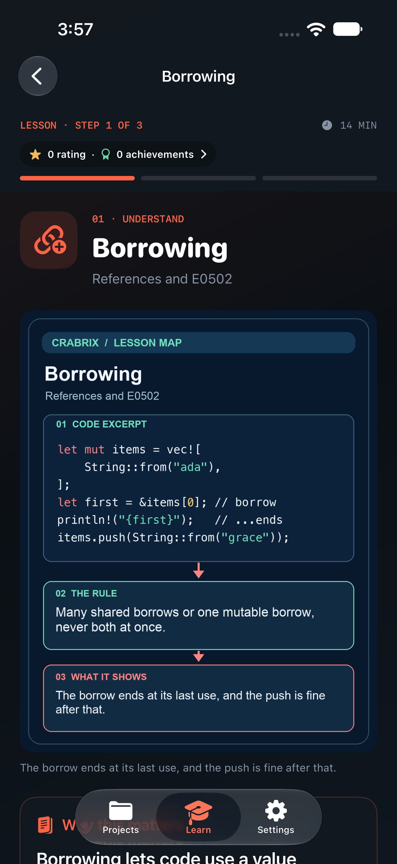 Borrowing lesson with a highlighted Rust example and an infographic explaining when a borrow ends